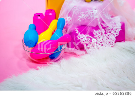 Colorful plastic bowling ball on the carpet Colorful plastic bowling ball on the carpet 65565886