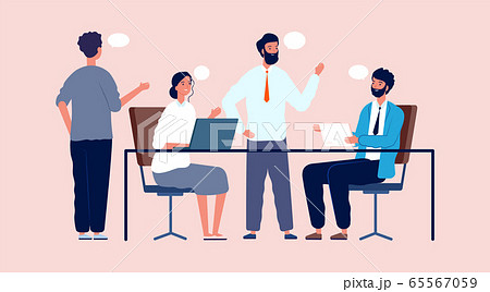 Business meeting. Teamwork, managers talk about ideas. Office workers at job, men women discuss projects vector illustration 65567059