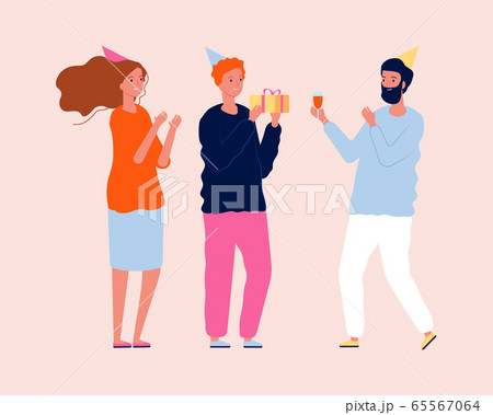 Birthday gift. Family party, fun people with drink and present. Happy man, festive time with friends vector illustration 65567064