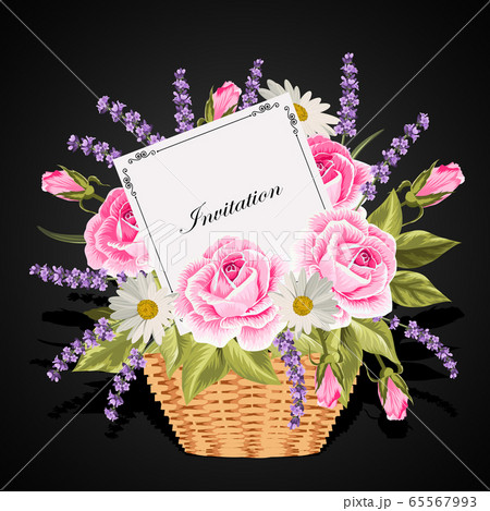 A basket full of flowers with a card to write a sample text. A basket full of flowers with a card to write a sample text. 65567993