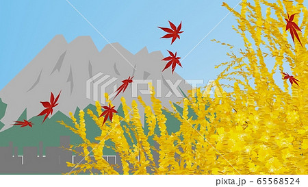 紅葉の季節と活火山の風景、３Dレンダリング 65568524