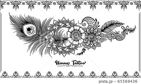 Traditional indian henna tattoo with peacock feather. Traditional indian henna tattoo with peacock feather. 65569436