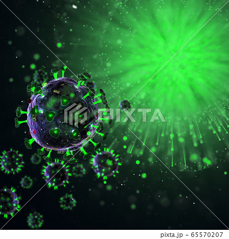 3d render of pathogenic virus organism or bacteria infecting and causing disease. Close up from microscope of coronavirus. 65570207