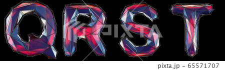 Realistic 3D letters set Q, R, S, T made of low poly style. Collection symbols of low poly style red color glass isolated on black background 3d 65571707