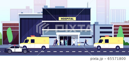 Doctors at work. Hospital building, paramedics and emergency cars. Nurses help ill people. Ambulance and police auto, medical vector illustration 65571800