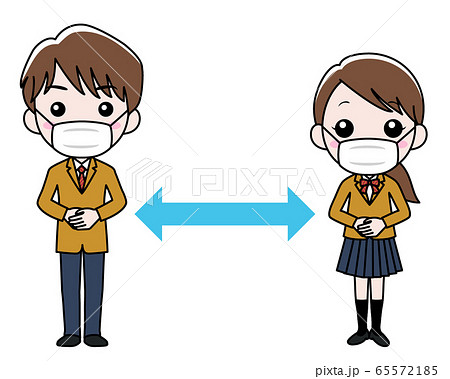 マスクをして距離を取る男子高校生と女子高校生 65572185