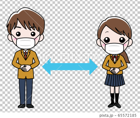 マスクをして距離を取る男子高校生と女子高校生 65572185