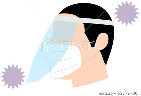 コロナウィルスに囲まれるマスクとフェイスシールドをする人のイラストのイラスト素材