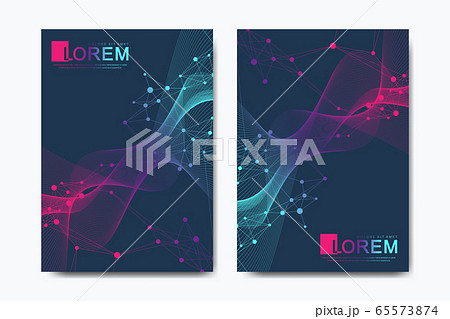 Modern vector template for brochure, leaflet, flyer, cover, catalog in A4 size. DNA helix, DNA strand, molecule or atom, neurons. Abstract structure for Science or medical background 65573874