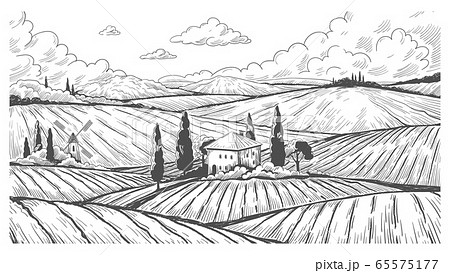 Countryside engraving. Vintage landscape sketch with rural hills, fields and farm house. Vector hand drawn country meadow with farmland 65575177