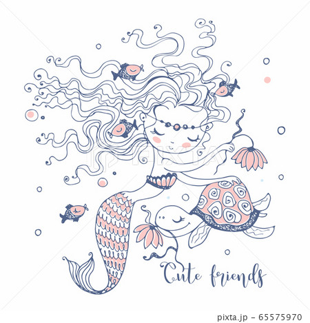 A cute little mermaid with a turtle. Doodle style. Vector. 65575970