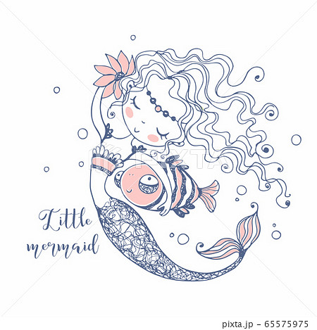 Cute little Mermaid with a fish . Doodle style. Vector. Cute little Mermaid with a fish . Doodle style. Vector. 65575975