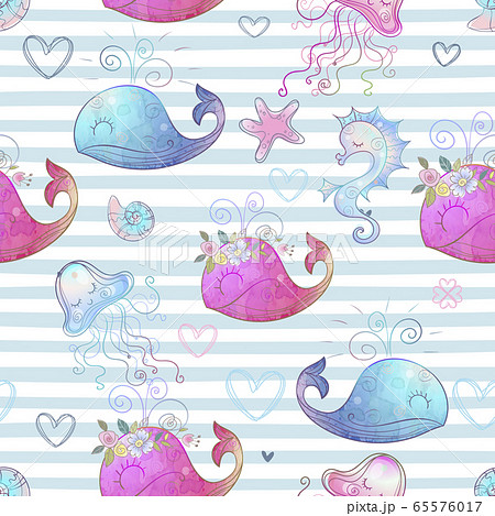 Seamless pattern with cute sea animals on striped background. Vector 65576017