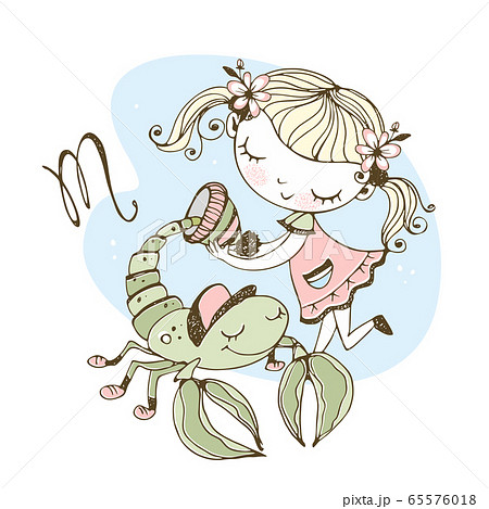 Children's zodiac. The zodiac sign is Scorpio. A cute girl puts on a Scorpion hat. Vector Children's zodiac. The zodiac sign is Scorpio. A cute girl puts on a Scorpion hat. Vector 65576018