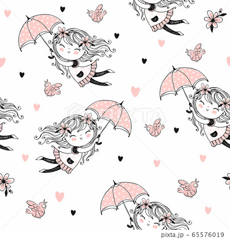 Seamless pattern with cute girls flying on umbrellas. Vector 65576019