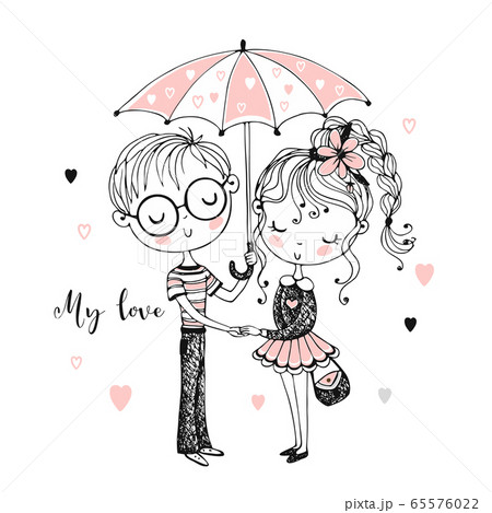 Cute boy and girl under umbrella. Rendezvous. Vector. Cute boy and girl under umbrella. Rendezvous. Vector. 65576022