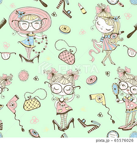 Trendy little cute girls who want to look like adults. Fashionistas with women's accessories. Seamless pattern. Vector Trendy little cute girls who want to look like adults. Fashionistas with women's accessories. Seamless pattern. Vector 65576026