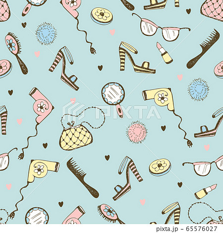 Seamless pattern with cosmetics and women's accessories. Vector 65576027