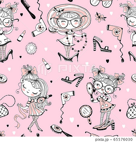 Trendy little cute girls who want to look like adults. Fashionistas with women's accessories. Seamless pattern. Vector 65576030