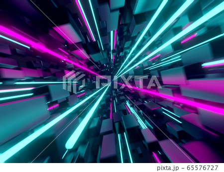 Flying through cube tunnel with glowing neon lines. Flying through cube tunnel with glowing neon lines. 65576727