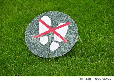 Keep off the grass warning sign over green lawn Keep off the grass warning sign over green lawn 65578253