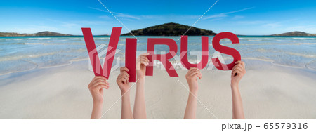 People Hands Holding Word Virus, Ocean Background People Hands Holding Word Virus, Ocean Background 65579316