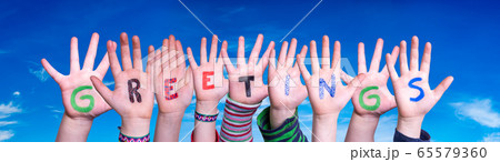 Children Hands Building Word Greetings, Blue Sky Children Hands Building Word Greetings, Blue Sky 65579360