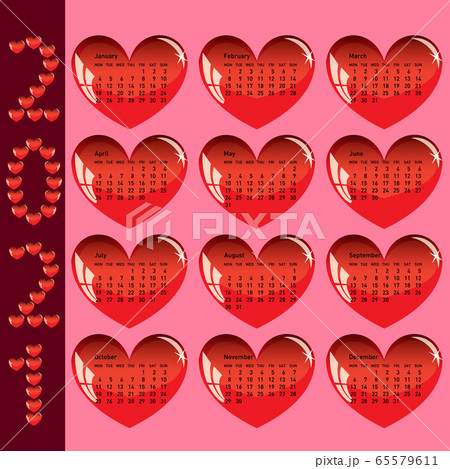 Stylish calendar with red hearts for 2021 Stylish calendar with red hearts for 2021 65579611