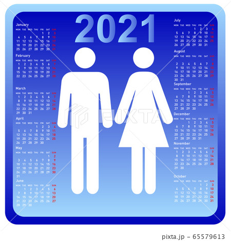 Woman and man in calendar 2021. Week starts on 65579613