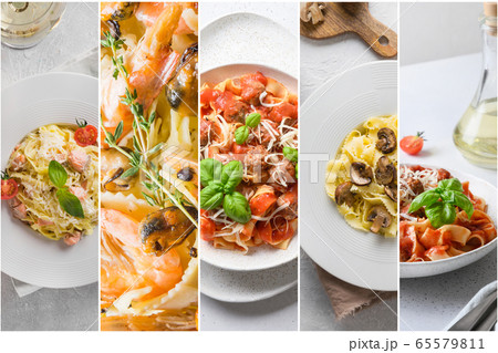 Collage of Italian pasta spaghetti with sauce  65579811
