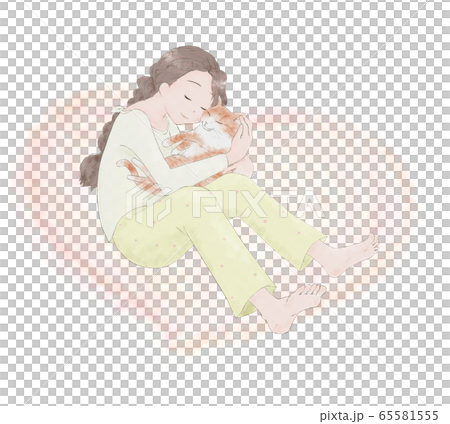 穿著睡衣抱著一隻貓的女人 65581555