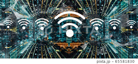 Wifi theme with abstract night cityscape Wifi theme with abstract night cityscape 65581830