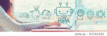 Robotic process automation concept with woman working on a laptop Robotic process automation concept with woman working on a laptop 65582082