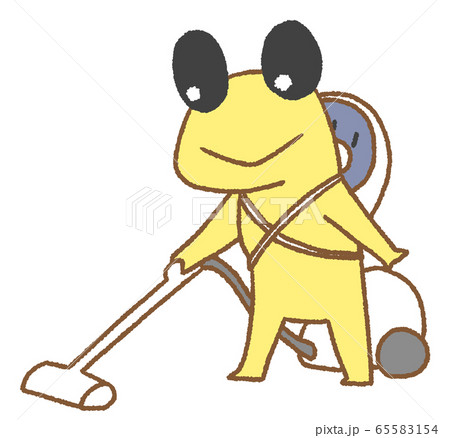 赤ん坊を背負いながら掃除機をかけるカエル（黄色） 65583154