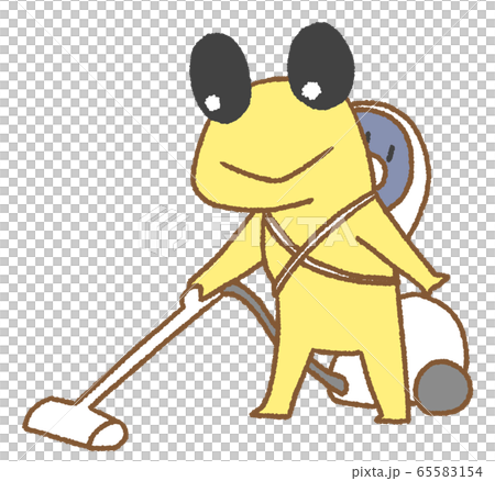 赤ん坊を背負いながら掃除機をかけるカエル（黄色） 65583154