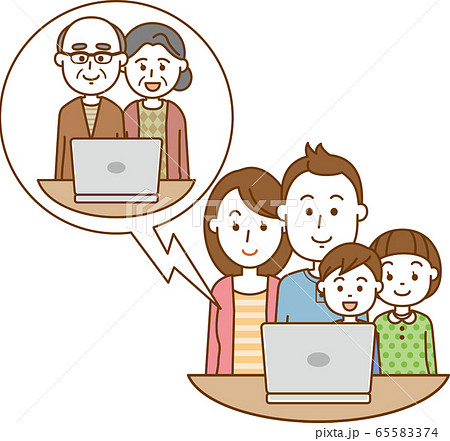 ノートパソコンを使用してテレビ電話で会話をしている家族のイメージイラスト 65583374