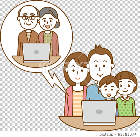 ノートパソコンを使用してテレビ電話で会話をしている家族のイメージイラスト 65583374