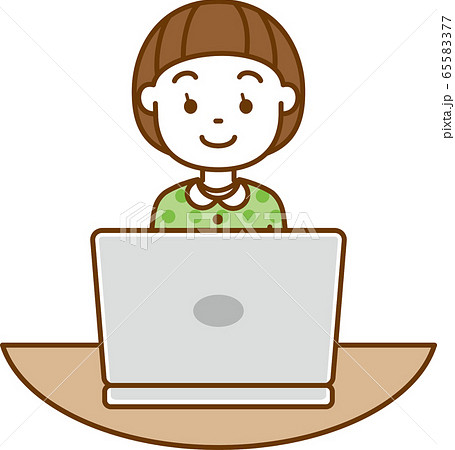 ノートパソコンを開いて見ている女の子のイメージイラストのイラスト素材