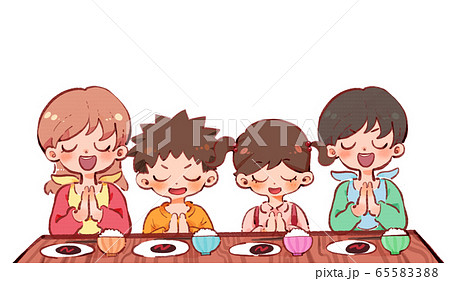 横並びで食事をする4人家族のイラスト素材 6553