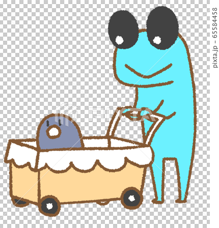 一隻青蛙（淺藍色）在嬰兒車上散步 65584458
