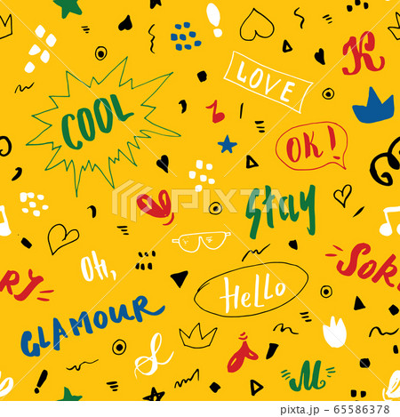 Doodle Seamless Pattern, hand drawn pop art signs and symbols background, Vector Illustration. Doodle Seamless Pattern, hand drawn pop art signs and symbols background, Vector Illustration. 65586378