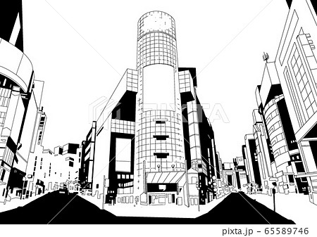 渋谷のような繁華街の線画風景のイラスト素材