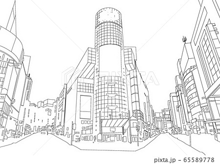 渋谷のような繁華街の線画風景 漫画の背景 イメージに のイラスト素材