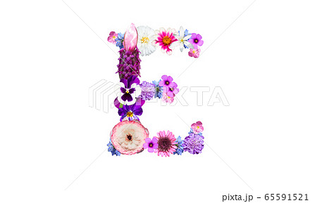 花で装飾されたアルファベットのe 花文字 花フォント の写真素材