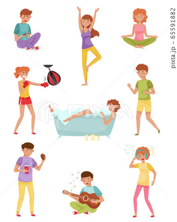 People Characters Reducing Stress by Different Activities like Playing Guitar and Listening to Music Vector Illustrations Set 65591882