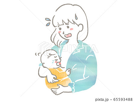 赤ちゃんが泣いて困っているお母さんのイラストのイラスト素材