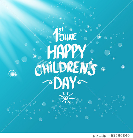 1 june international childrens day icon or label isolated on azure blue sky background with lights and bubbles. happy Children day greeting card. kids day poster. Children day shiny banner 65596840