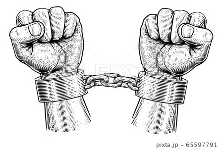 Prisoner Shackles Chained Hands Vintage Woodcut 65597791