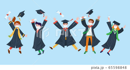 Flat design, College students wearing face masks celebrate graduation. Vector Flat design, College students wearing face masks celebrate graduation. Vector 65598848