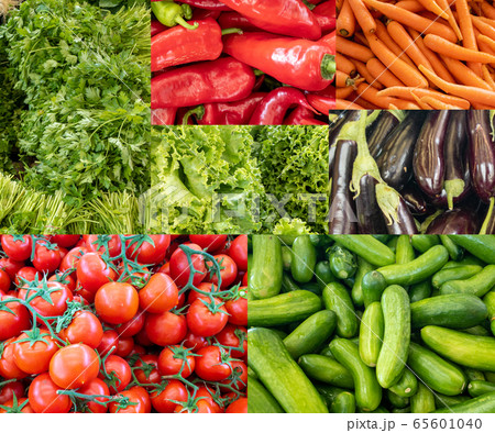 Collage of different grocery markets full of vegetables Collage of different grocery markets full of vegetables 65601040
